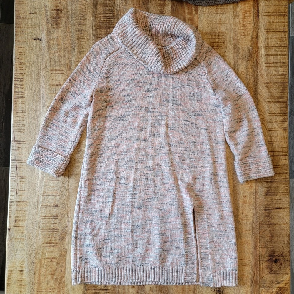 Pure Jill Cowl Neck Tunic Knit Short Sweater Dress Sz M Pastel Pink Gray Cotton